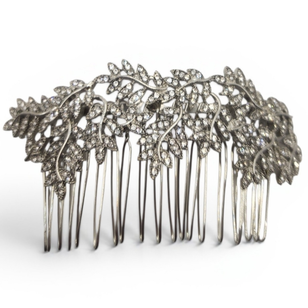 Vintage Style Rhinestone Leaves Silvertone Style Metal Hair Comb